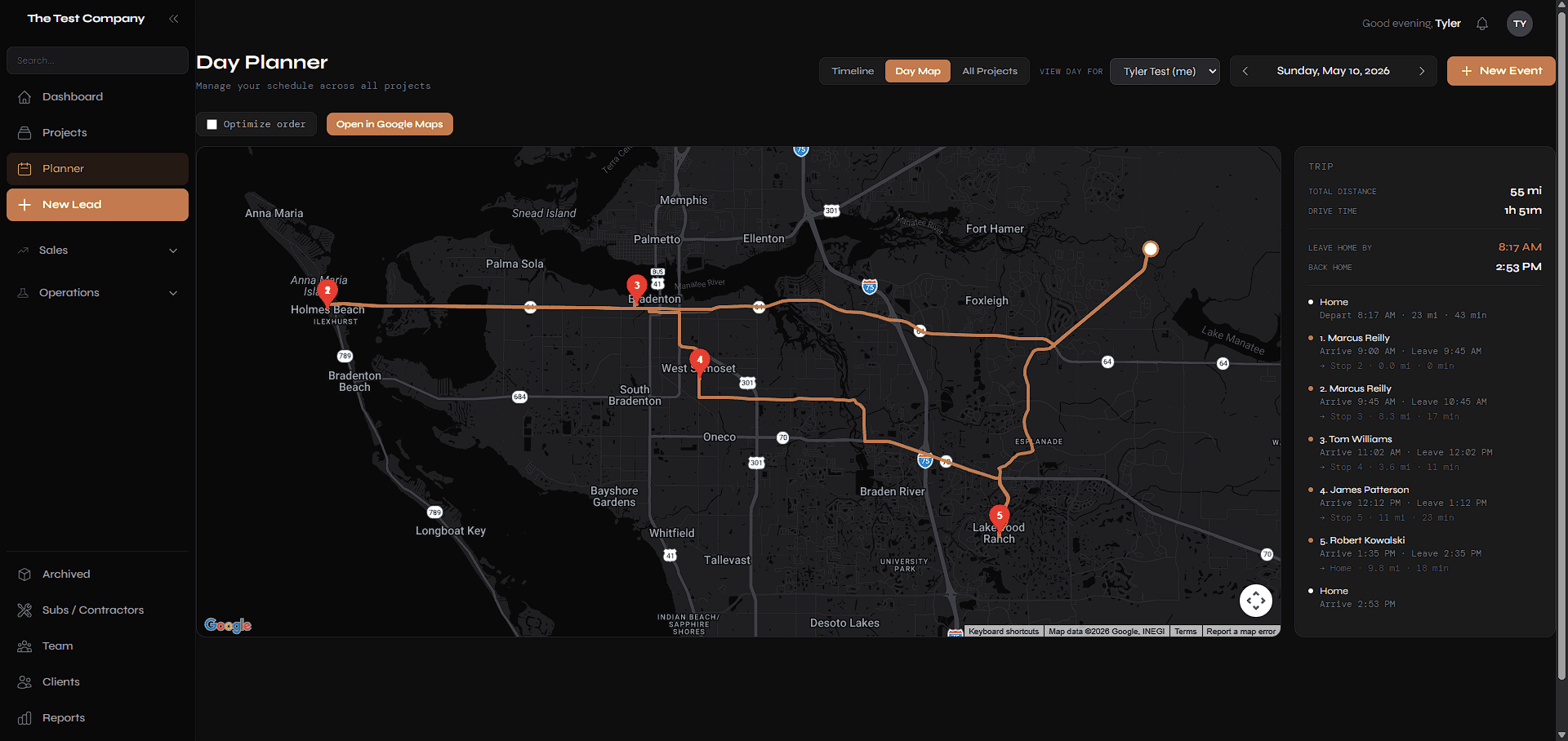 Service Agent OS Remodelers day planner showing a synthetic route across project stops